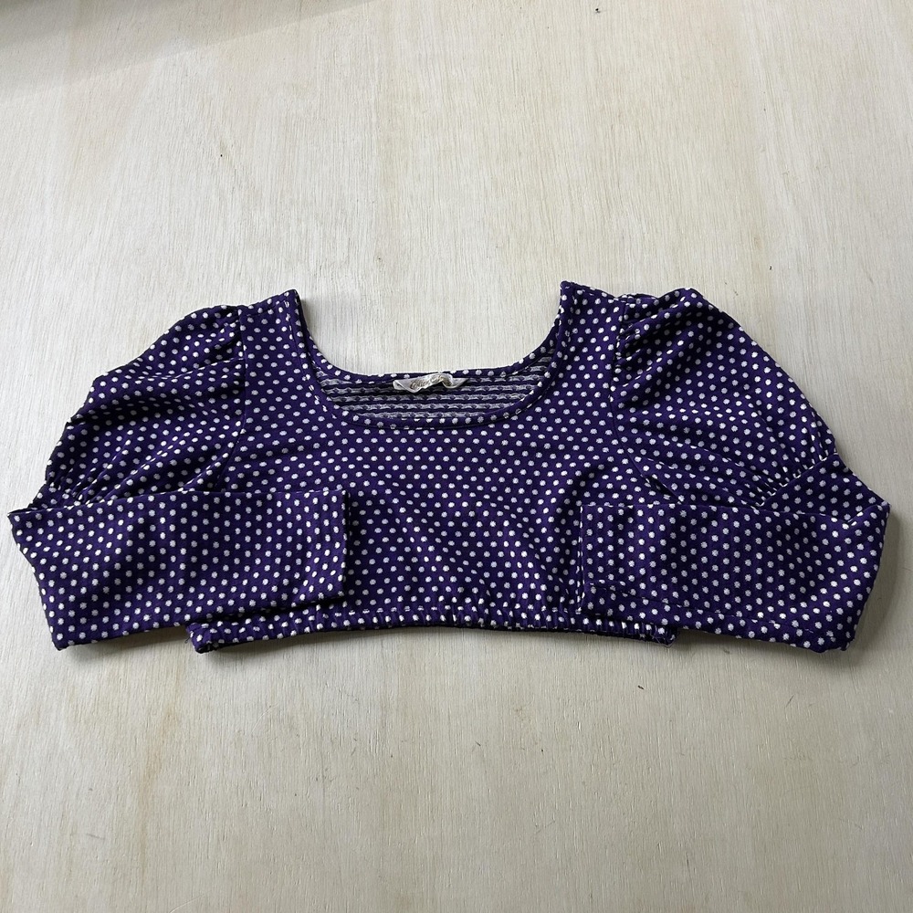 Vintage Ellen Tracy Blouse Womens Medium Purple Polka Dot Puff Sleeve Crop Top